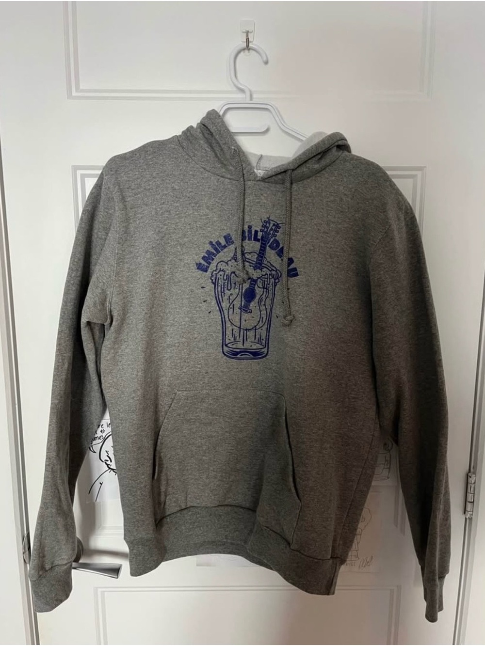 Gray Graphic Pullover Hoodie with Blue Print Emile bilodeau merch